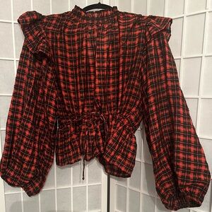TOPSHOP NORDSTROM Plaid Women's Ruffle-Sleeve Top NWT